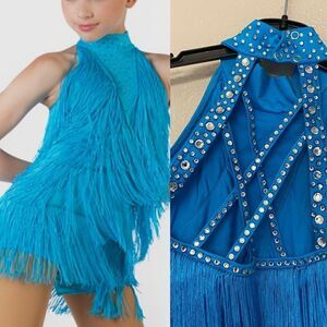 Weissman Dance costume aqua blue sassy fringe dress Spice Up Your Life 14130 MC